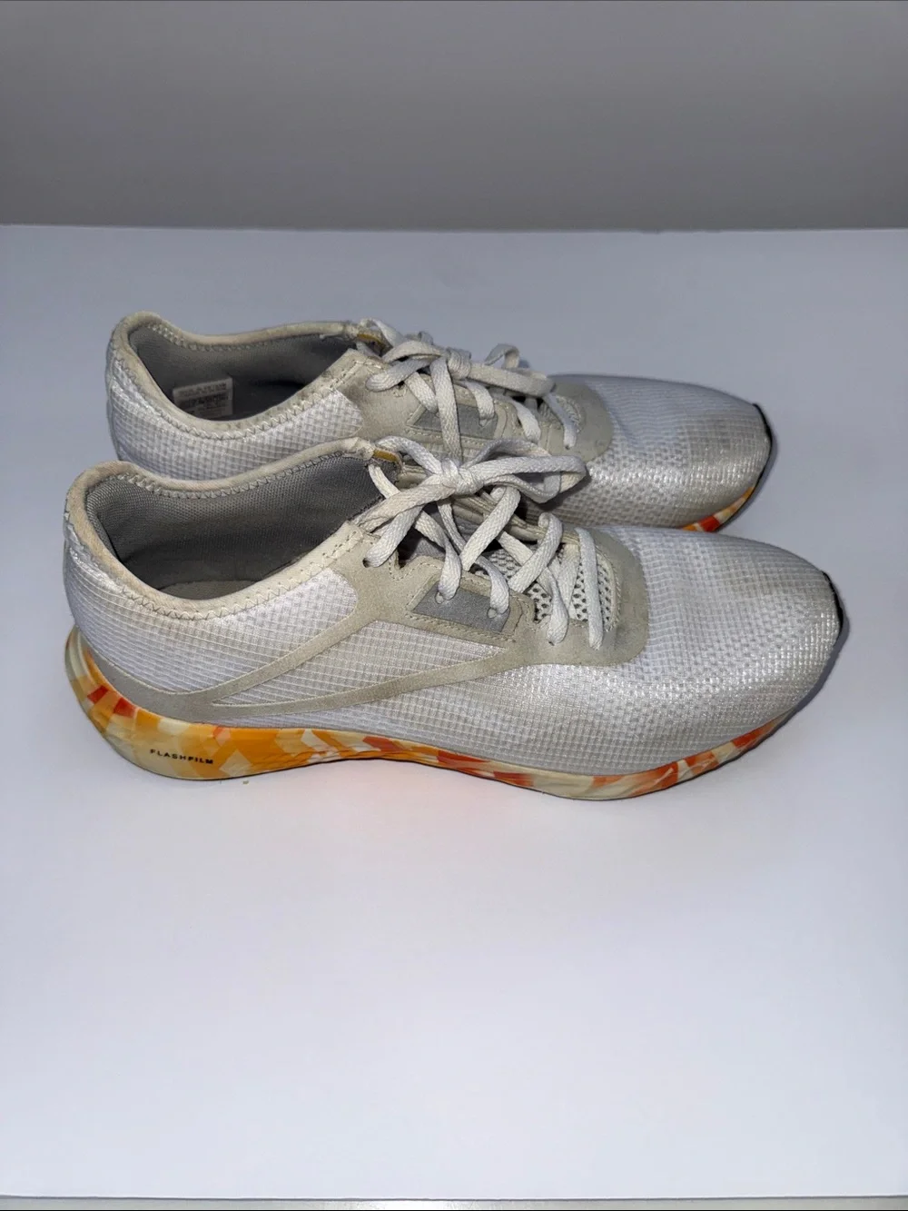 Reebok White Running Sneakers with Orange Yellow Marble Midsole
